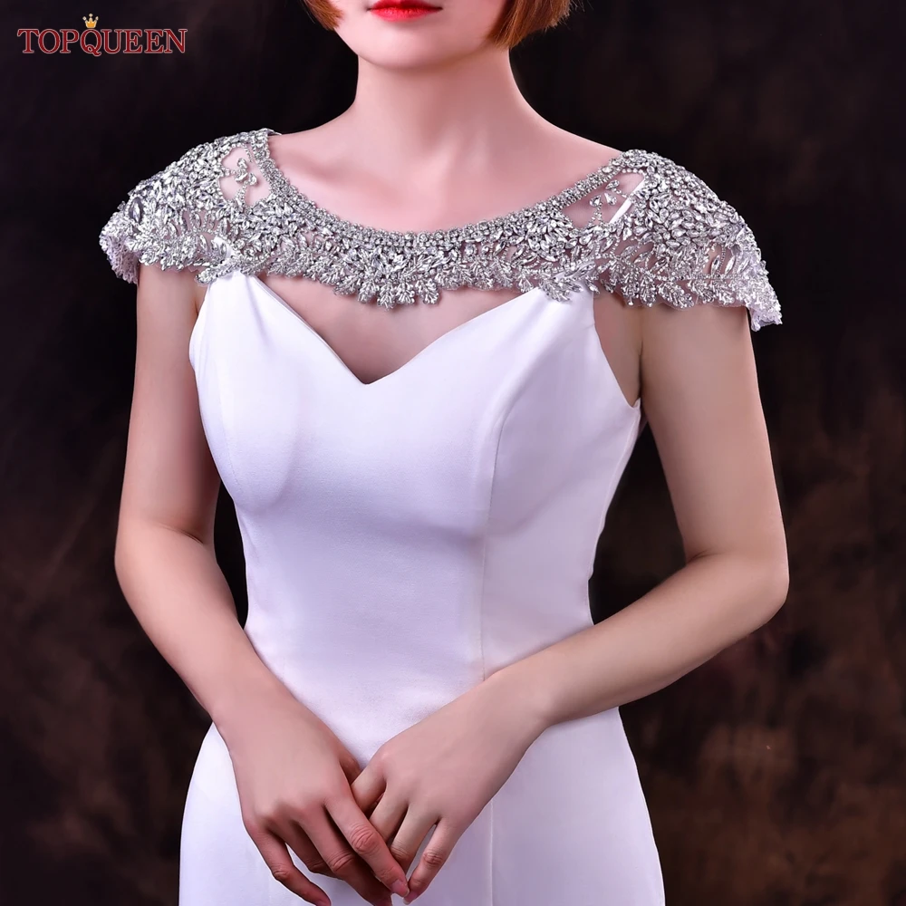 

TOPQUEEN Luxurious Bridal Shoulder Cover Top Separate Bolero Satin Woman Full Rhinestones Beaded Diamond Wedding Accessorie sg37