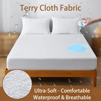 Housse de protection de matelas en tissu éponge imperméable, microfibre respirante avec drap-housse silencieux avec poche profonde pour lit 1
