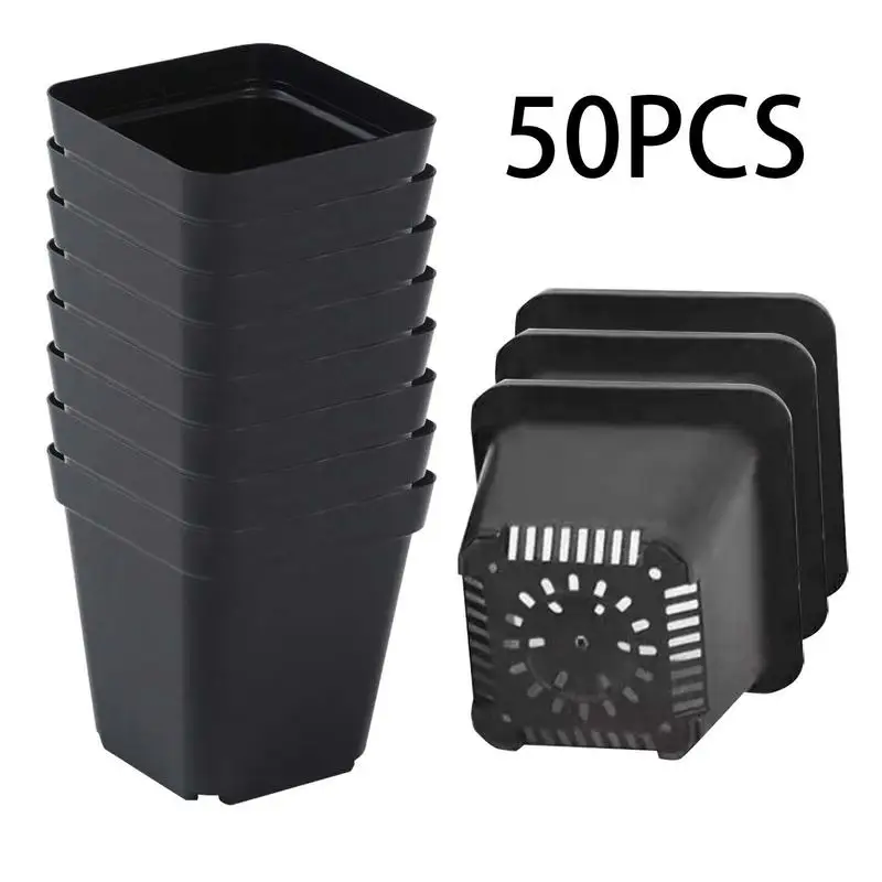 50pcs Starter Pots Plant Nursery Pots Seed Starting Pots Plastic Flower Plant Container Seedling Cups Square Black Seedling Pots