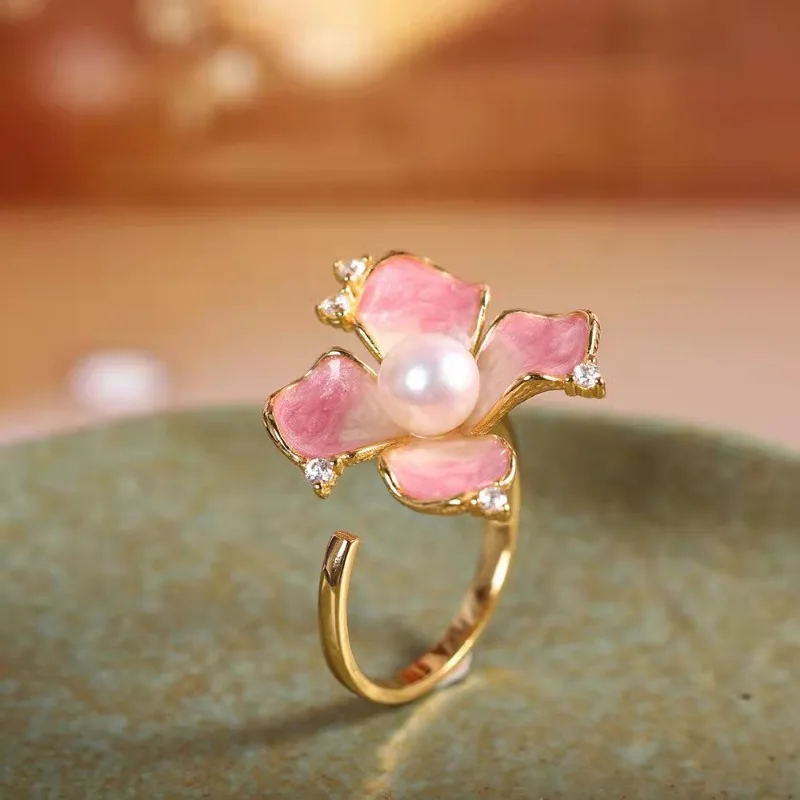 

Chinese Style Enamel Classic Natural Pearl Pink Cherry Blossom Gold-plating Zircon Adjustable Ring for Women Party Birthday Gift