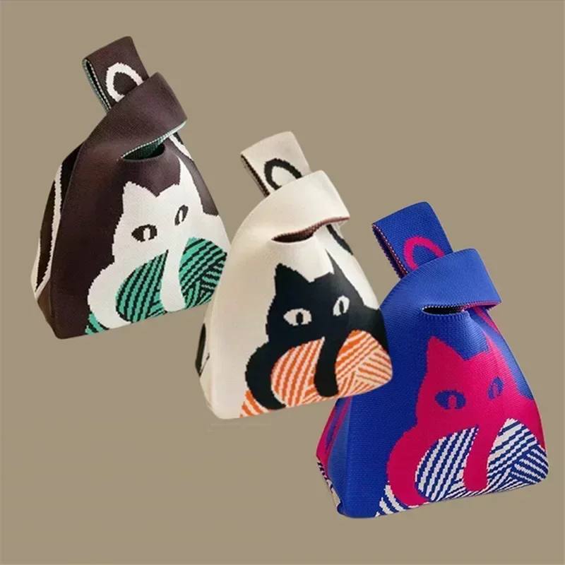 Women Handmade Knitting Small Handbag Casual Wrist Bag Versatile Stylish Shopper Mini Tote Bag Student Reusable Shoulder Bag