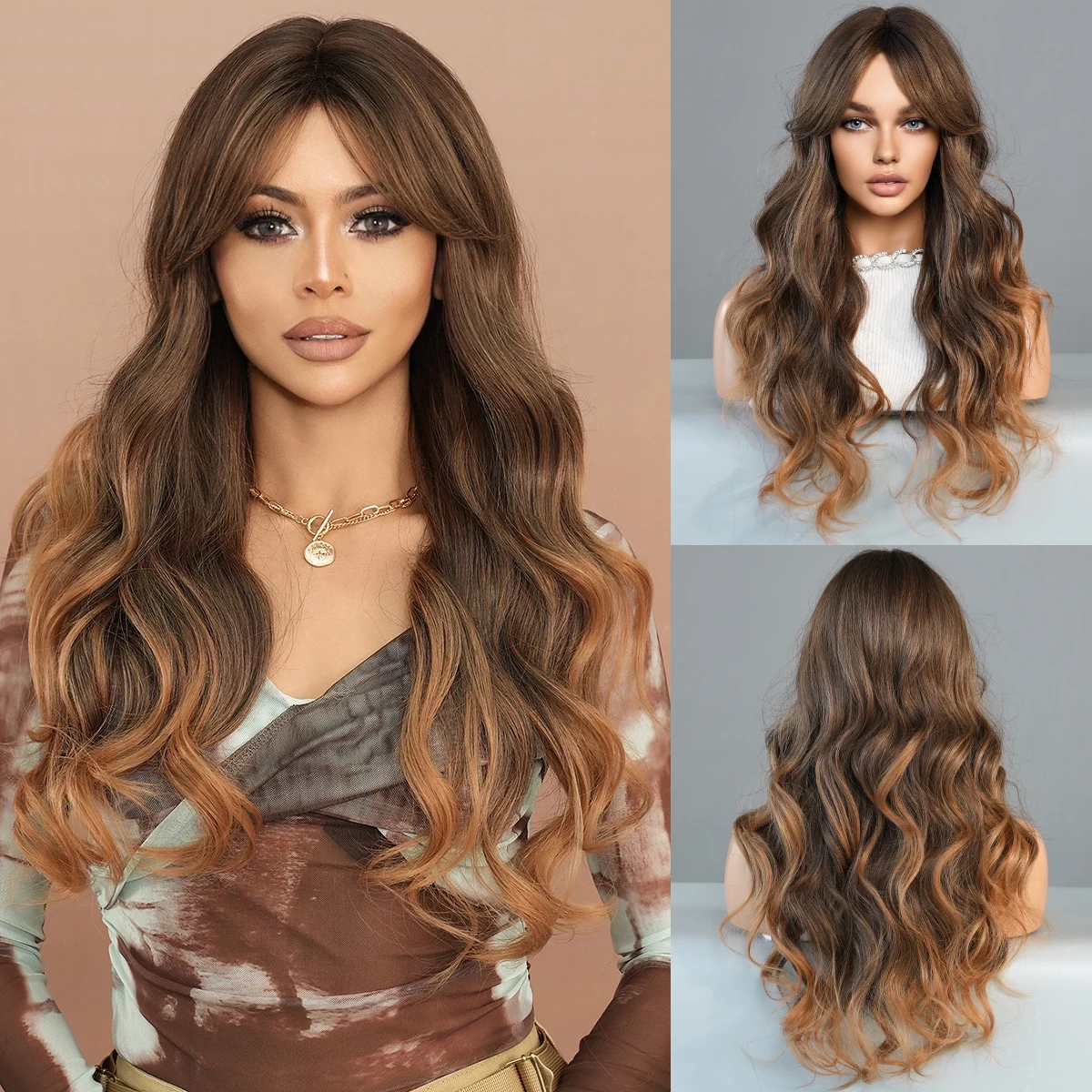 7JHH WIGS Loose Body Wavy Middle Part Brown Ombre Blonde 