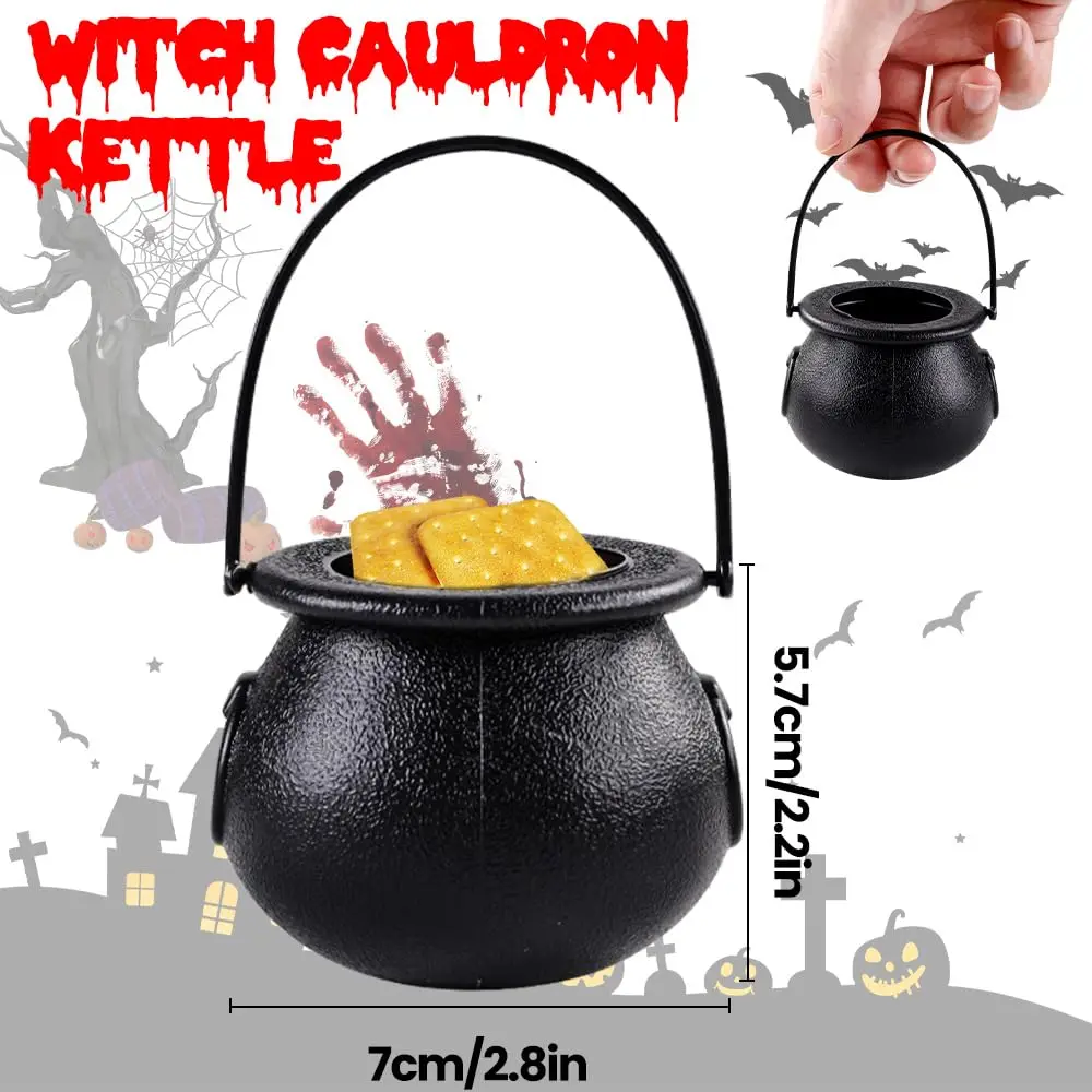 12pcs Mini Black Cauldron with Handle Halloween Mini Witch Cauldron Kettles Multi-purposed Small Plastic Halloween