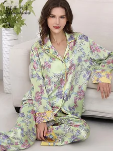 19 momme 100% genuine silk pajamas sets women sleepwear new fashion flower Elegant pure natural silk pyjamas T8713