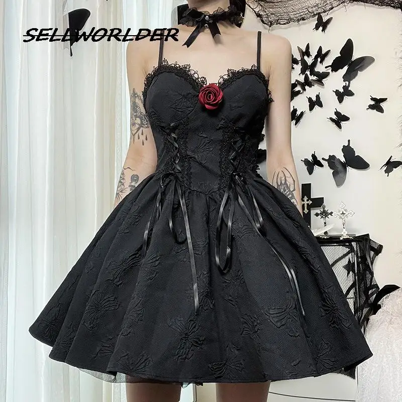 

2023 Woman Sexy lace jacquard backless suspender sling dress Dark Wednesday girl Halloween Mini Dress Party Evening Dress