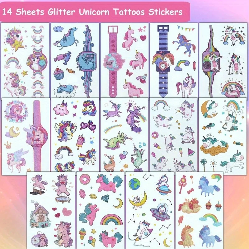 14 Sheets Glittering Unicorn Tattoo Stickers for Personalized Decoration, Temporary Tattoos for Children Kids 2