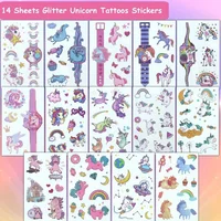14 Sheets Glittering Unicorn Tattoo Stickers for Personalized Decoration, Temporary Tattoos for Children Kids 2