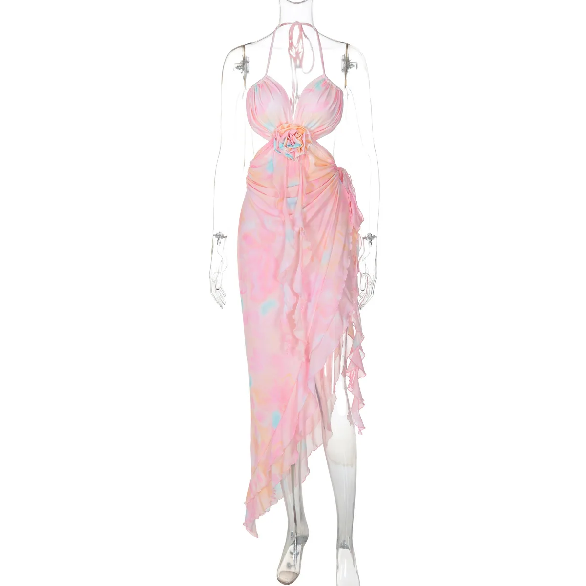 Sexy Printed Mesh Long Dress Women Lace-Up Floral Backless Hollow Out Ruffled Fashion Bandage Dress Women's Dress Summer