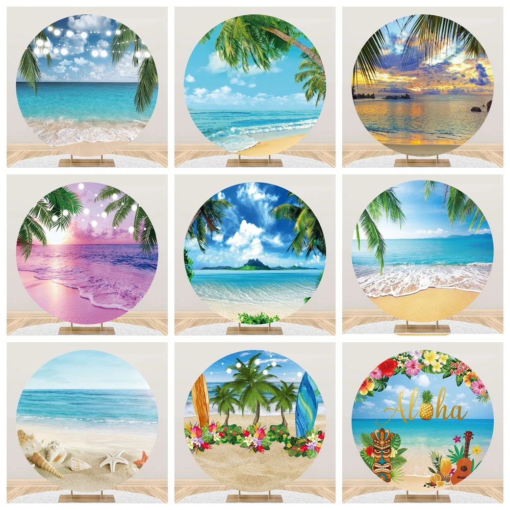 

Seaside Beach Round Backdrop Cover Tropical Palm Trees Summer Hawaii Baby Birthday Holiday Party Circle Photography Background