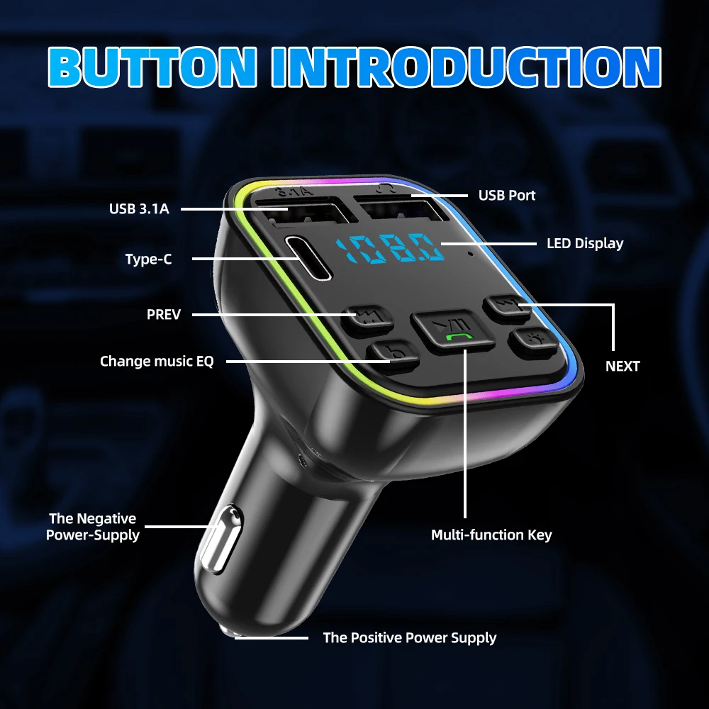 Car Bluetooth 5.0 FM Transmitter PD Type-C Dual USB 3.1A Fast Charger Colorful Ambient Light Handsfree MP3 Modulator Player images - 6