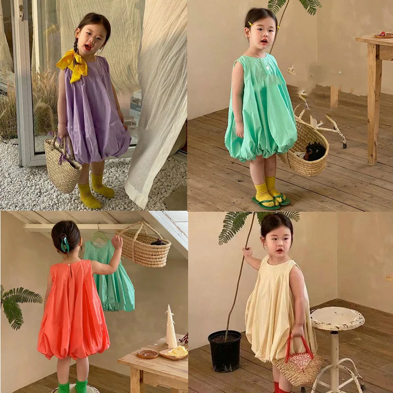 VigoAnne Girls Sleevesless Bud Dresses 2022 Summer Korean Gradual Solid Bow Dress Kids Girl Cute Clothes 2-6 Years new dress