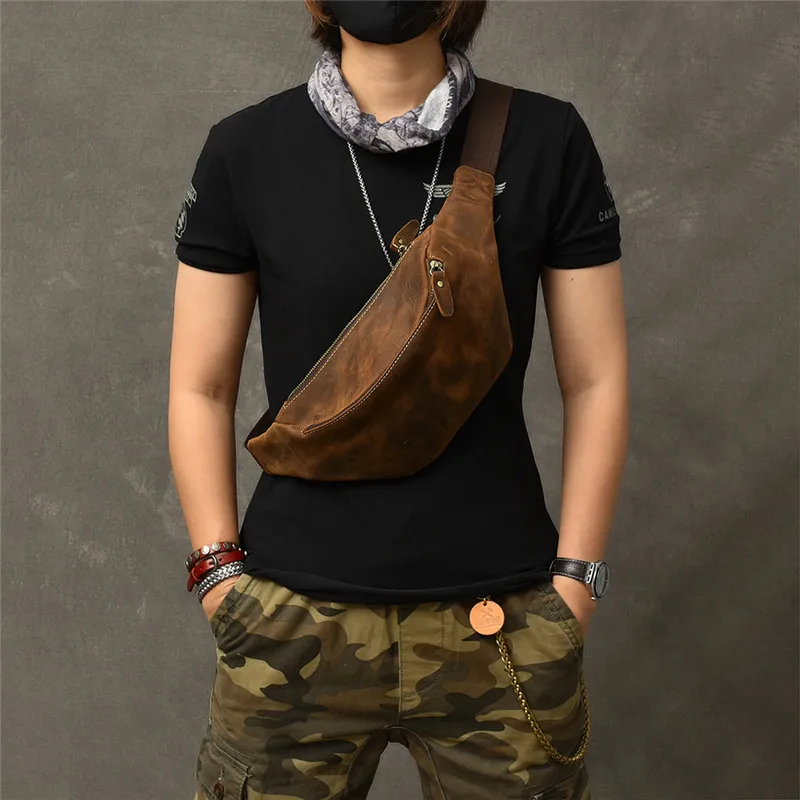 

Vintage crazy horse cowhide men's chest bag casual simple genuine leather crossbody bag waist pack outdoor daily light fanny bag