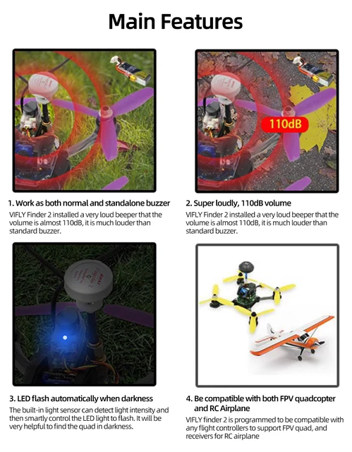 Alarme Vifly Finder 2 Pour Drone Ou Modèle RC Perdu - Buzzer De Localisation Avec Batterie Intégrée