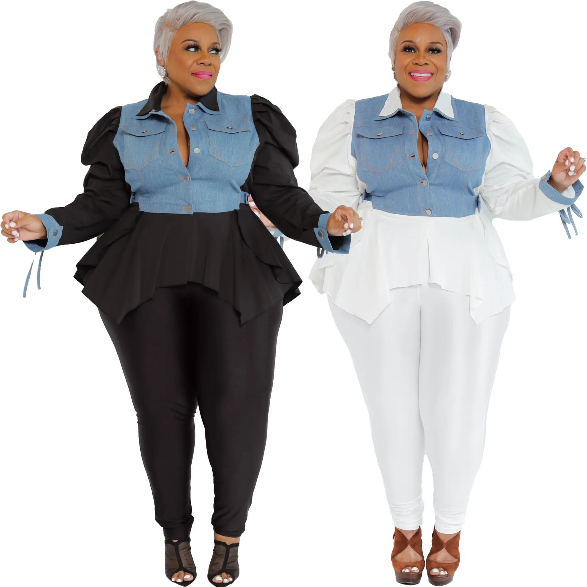 

Summer New Elegant Women Pants Sets Splicing Ruffles Denim Shirt Solid Pencil Trousers Two Piece Set Ladies Leisure Tracksuit