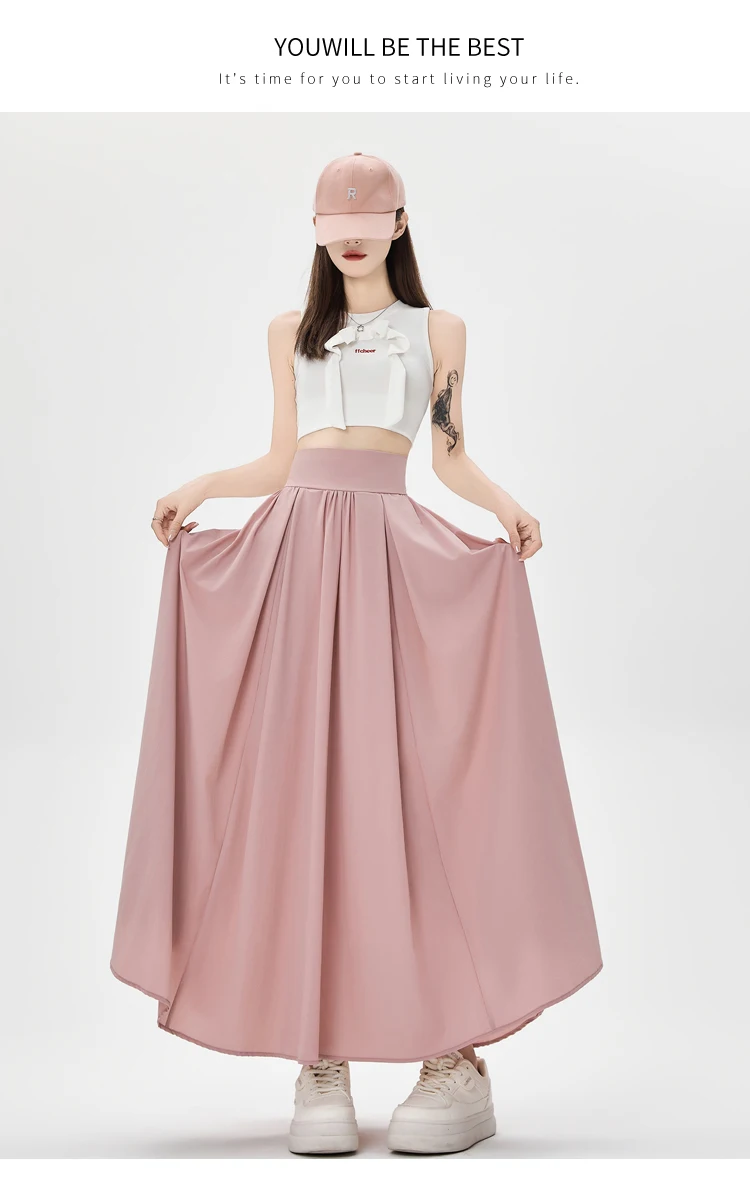 Solid Color Suit Skirt High Waist Medium Length Pleated Skirt Fashionable Versatile A-line Umbrella Skirt Spring Summer New