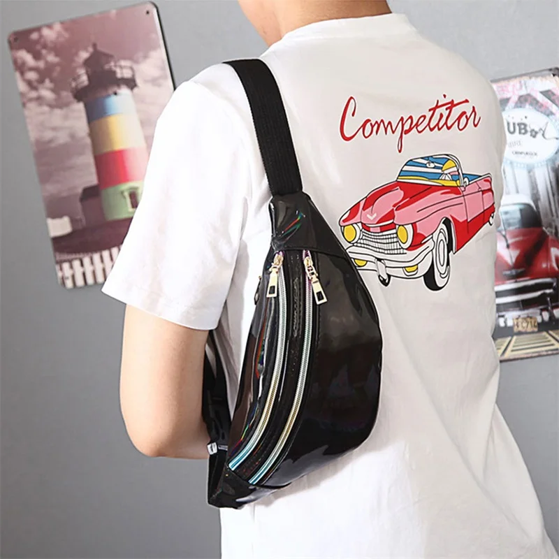 Outdoor Waist Bag Adjustable PU Leather Laser Fanny Pack Crossbody Chest Bag for Unisex Men Women Sports Workout Running