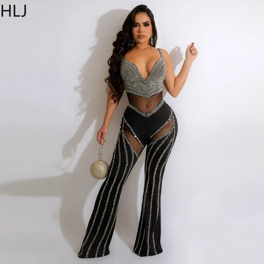 HLJ Fashion Deep V Rhinestones Mesh Perspective Party Club Jumpsuits Women Strap Sleeveless Slim Wide Leg Pants Playsuit Overall