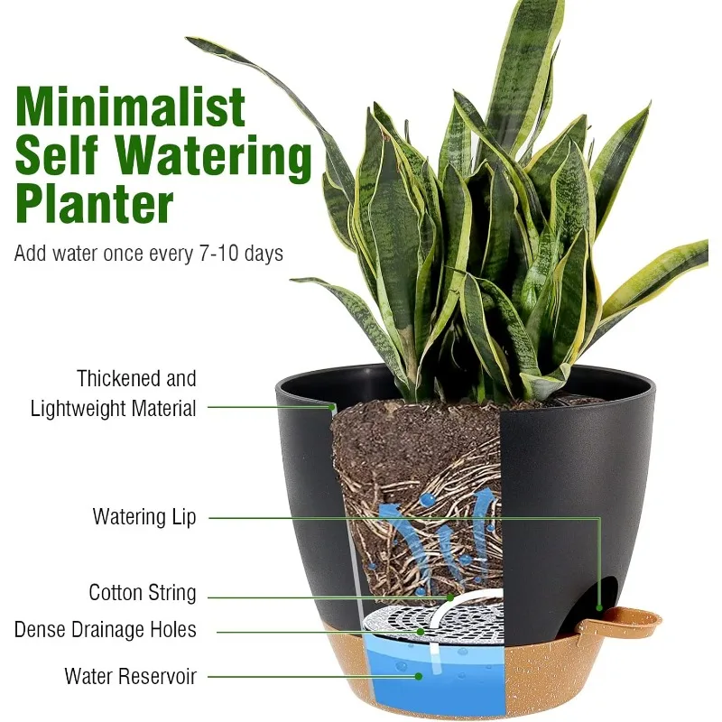 Large Self Watering Pots, 12/10/9 Plastic Planters with High Drainage Holes and Deep Reservoir 3