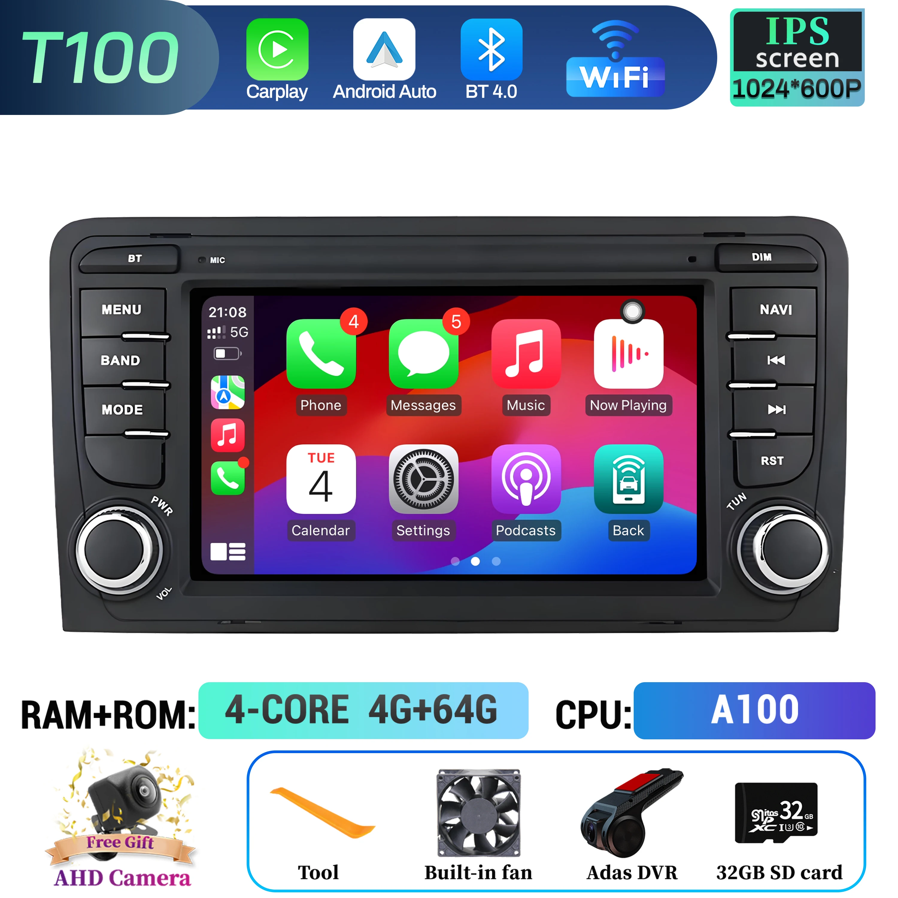 2G+64G Autoradio Android 13 per Audi A3 8P S3 8P RS3 con Wireless Carplay Android Auto, 7 pollici Touch Screen Bluetooth Stereo Auto, GPS, Wi-Fi, Radio FM RDS,Mirror Link, Retrocamera