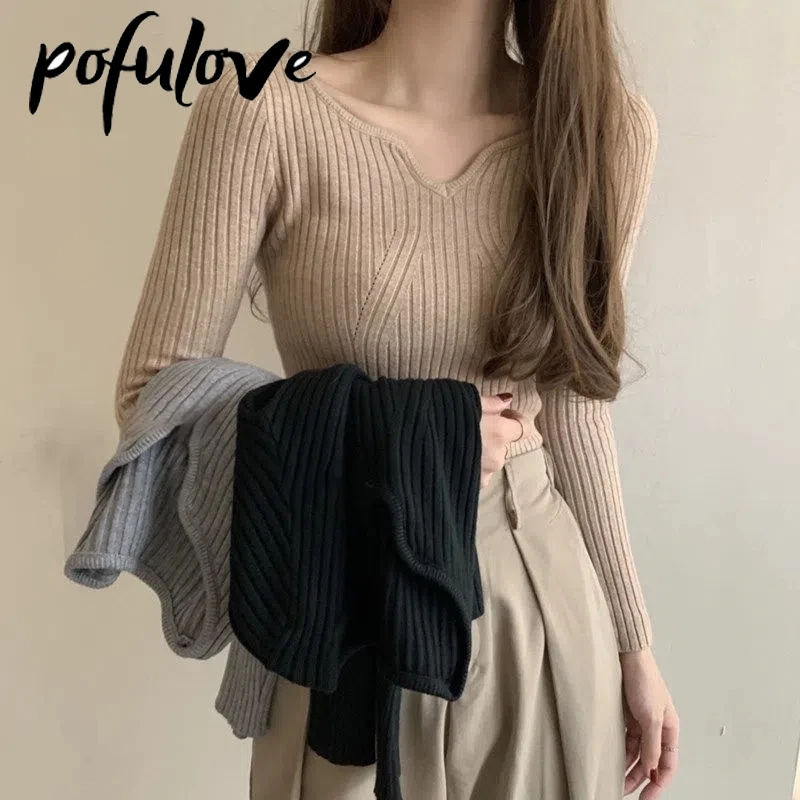 Sweater Women Pullover V Neck Long Sleeve Knitted Sweater Thin Korean Slim Thin Solid Basic Knitwear Jumper Autumn and Winter