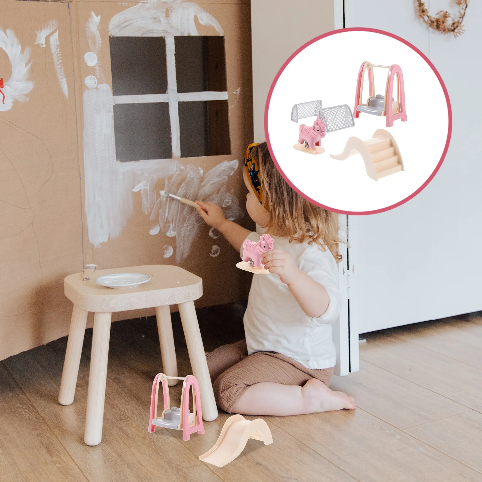 

Мебель для кукольного домика, пластиковый уличный игровой набор, миниатюрные слайды, качели, лошадь-качалка, модели футбольных гол, ролевой Игровой домик для девочек