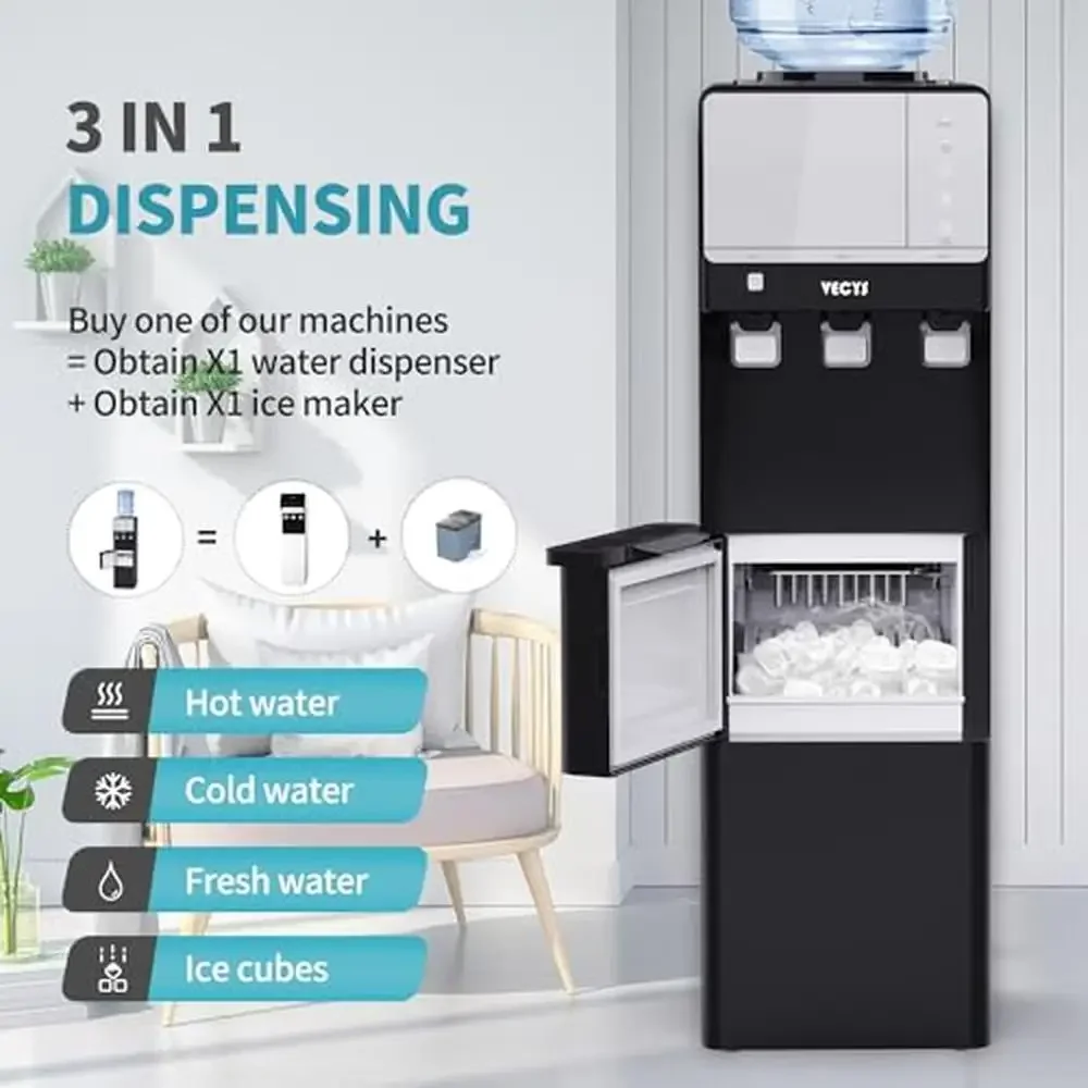 3-in-1 Water Dispenser Hot Cold Ice Maker 27LBS Daily Child Safety Lock High Efficiency Silent Operation 2