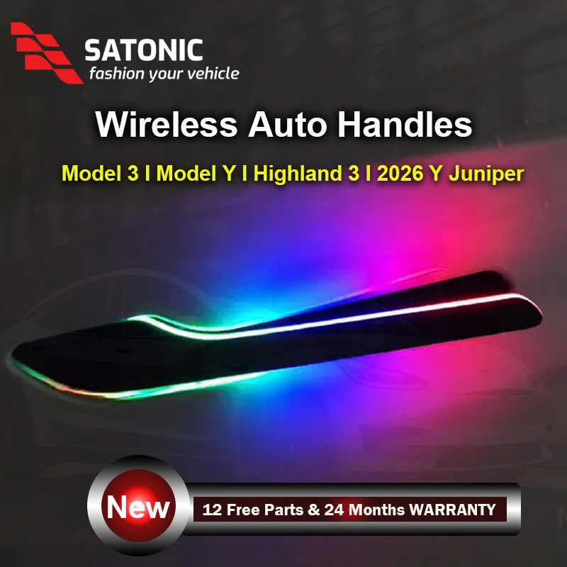 SATONIC 무선 자동 도어 핸들 전기 멀티-LED 핸드바 테슬라 모델 Y 3 하이랜드 2026 주니퍼 OTA 방수 IPX6