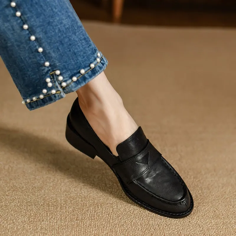 Genuine Leather Cowhide Women Flat Shoes Lazy Slip-On Solid Loafers Lady Casual Walk Shoes Woman Shoes Spring Daily Loafers