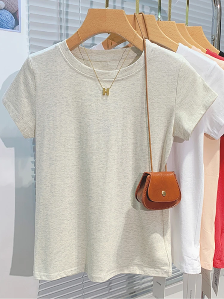 AOSSVIAO 2025 تي شيرت نسائي صيفي 100% قطن قاع أساسي عصري سادة سيدة قصيرة الأكمام بلايز قمصان 5