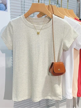 AOSSVIAO 2025 تي شيرت نسائي صيفي 100% قطن قاع أساسي عصري سادة سيدة قصيرة الأكمام بلايز قمصان 5