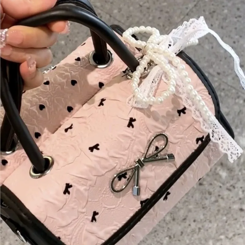 Korean Style Sweet Cute Bow Handbag Women Pleated Lace Gentle Shoulder Bags Ladies Lovely Print Pattern Exquisite Crossbody Bag