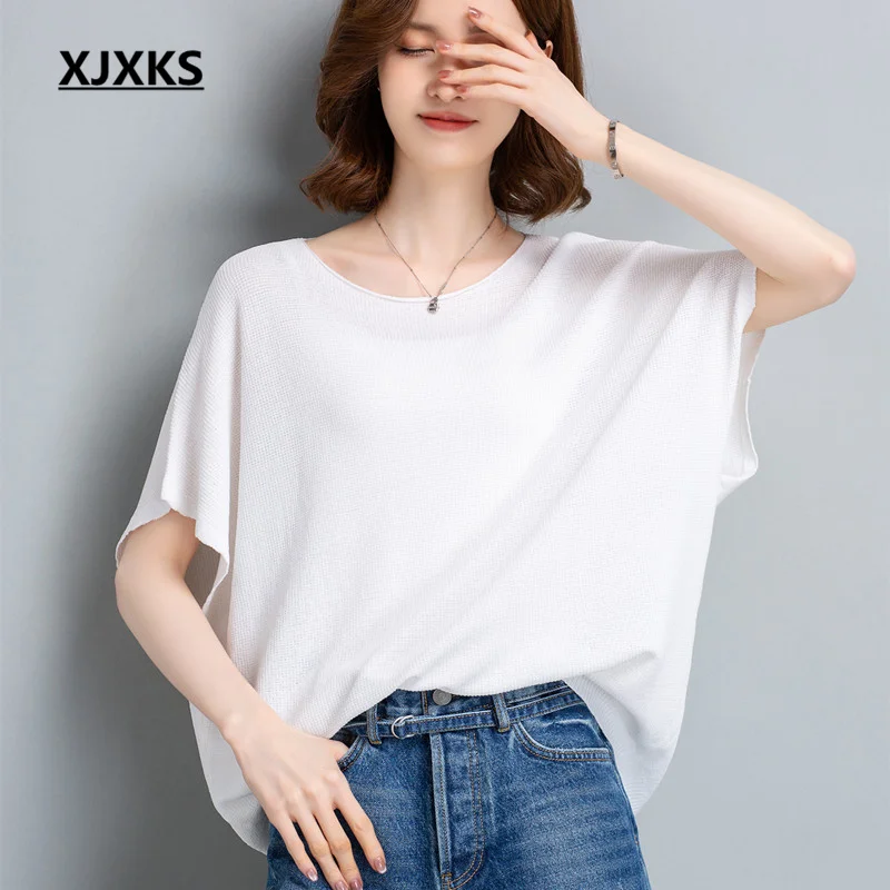 

XJXKS, Новинка лета 2023, Свободная Женская футболка оверсайз, топ с круглым вырезом и коротким рукавом, Высококачественная вязаная рубашка из шелка тутового шелкопряда