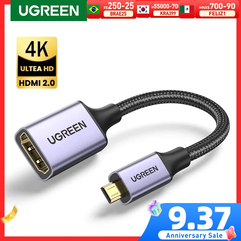 Ugreen Micro Hdmi A Hdmi Adattatore 4K/60Hz 3D Micro Hdmi A Hdmi Per Gopro Hero 7 Raspberry Pi 4 Sony Nikon Cavo Hdmi Intrecciato