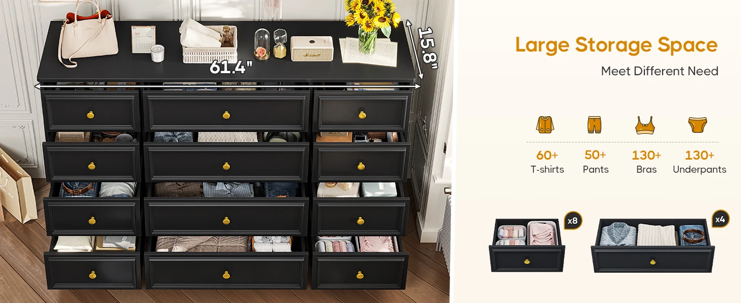 Description Picture 5 of itemLarge Dresser with 12 Drawers for Bedroom, 61.4'' Long Modern Chest of Drawers, Black Wide Dressers Clothes Closet,