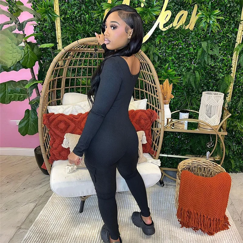 Ribbed Knitted Sporty Skinny Jumpsuits Women Autumn Solid U Neck Long Sleeve High Waist Pockets Casual Rompers Jogger Streetwear