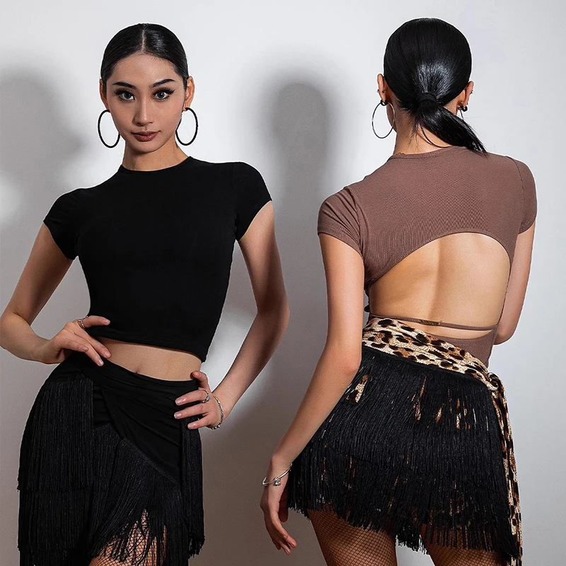 

Backless Latin Dance Tops Short Sleeves Latin Practice Clothing Women Cha Cha Rumba Dancing Shirt Black Brown Blouse BL10751