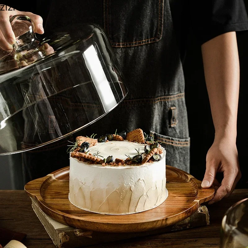 Wood Cake Pan Glass Cover Cake Stand Bread Pan Fruit Tray Dessert Plate Dim Sum Plate Snack Tray Refreshment Trays Display Stand