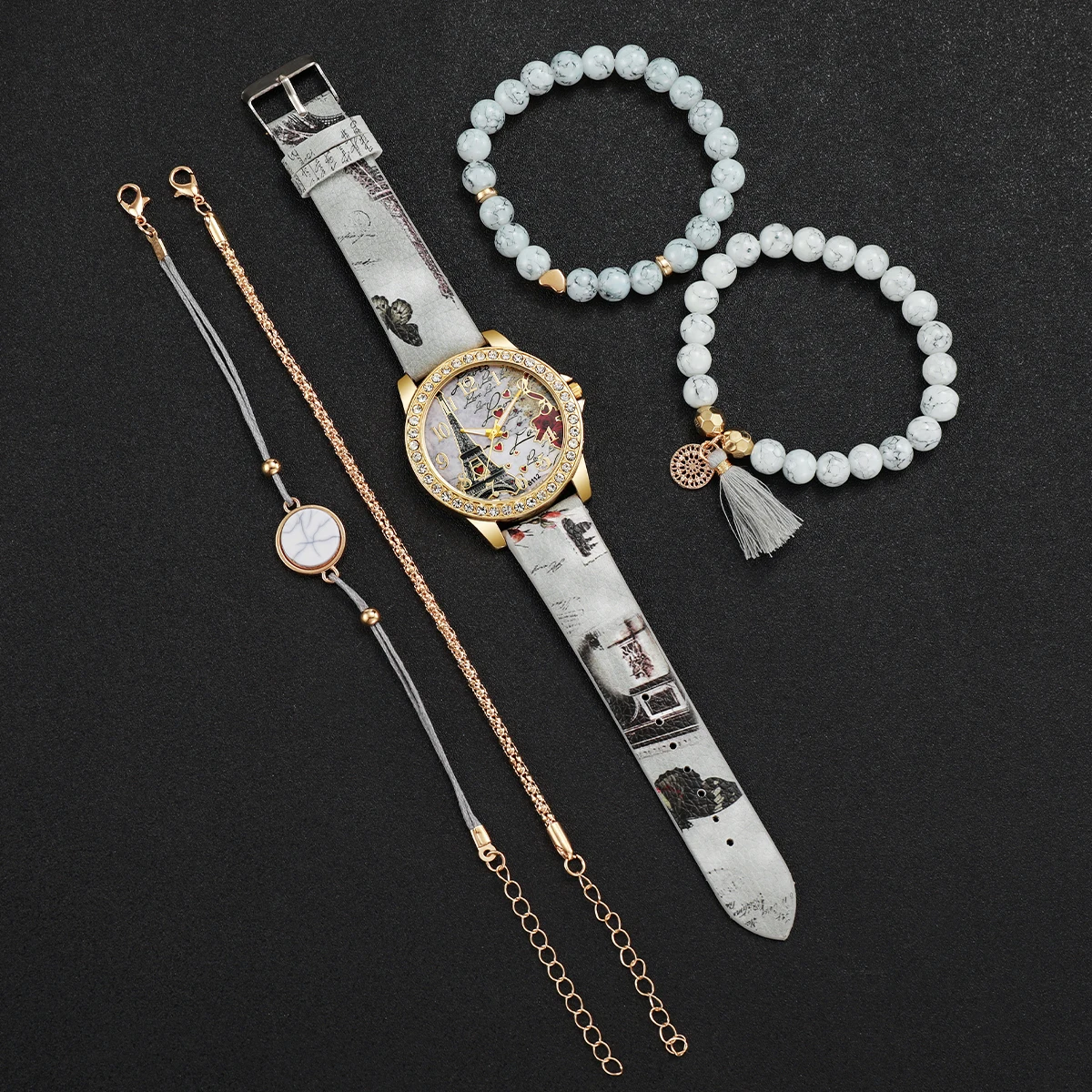 5Pcs/Set Fashion Women's Watch European and American Classic Retro Quartz Watch with Exquisite Beaded Bracelet Set 4