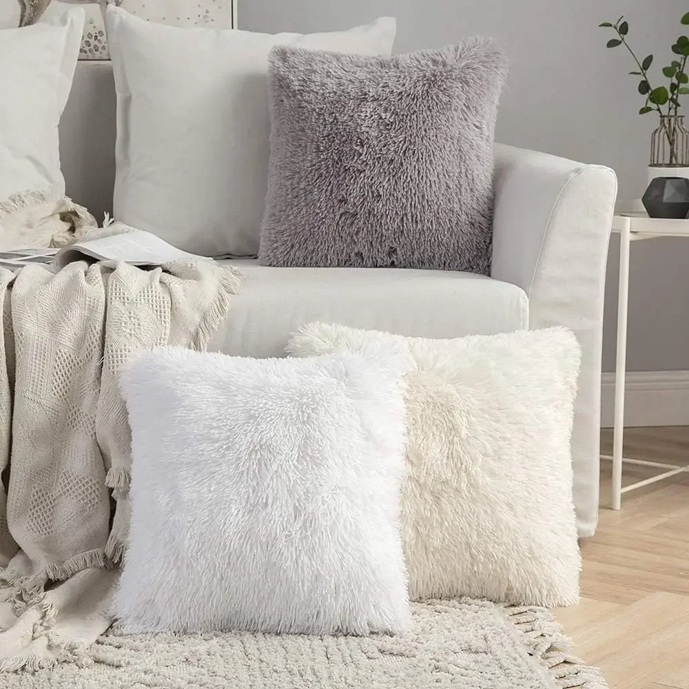 

40cm Square Plush Pillowcase Faux Fur Velvet Throw Sofa Cushion Cover Home Decor White Pink Retro Fluffy Soft Couch Pillow Cases