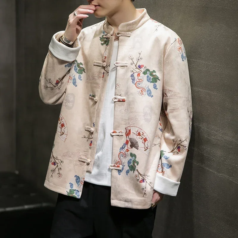 Autumn Winter Chinese Men's Clothing Loose Deerskin Velvet Retro Tang Jacket Suede Coat Outwear Male Traditional Chinese Clothes