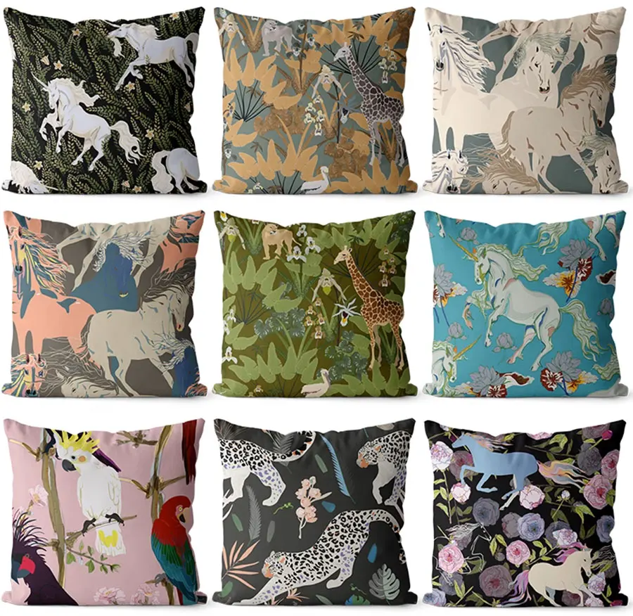 

Квадратная декоративная подушка в европейском ретро-стиле с единорогом/рандомные подушки для подростков 43 53, винтажная леопардовая лошадь зеленая искусственная домашняя декоративная подушка