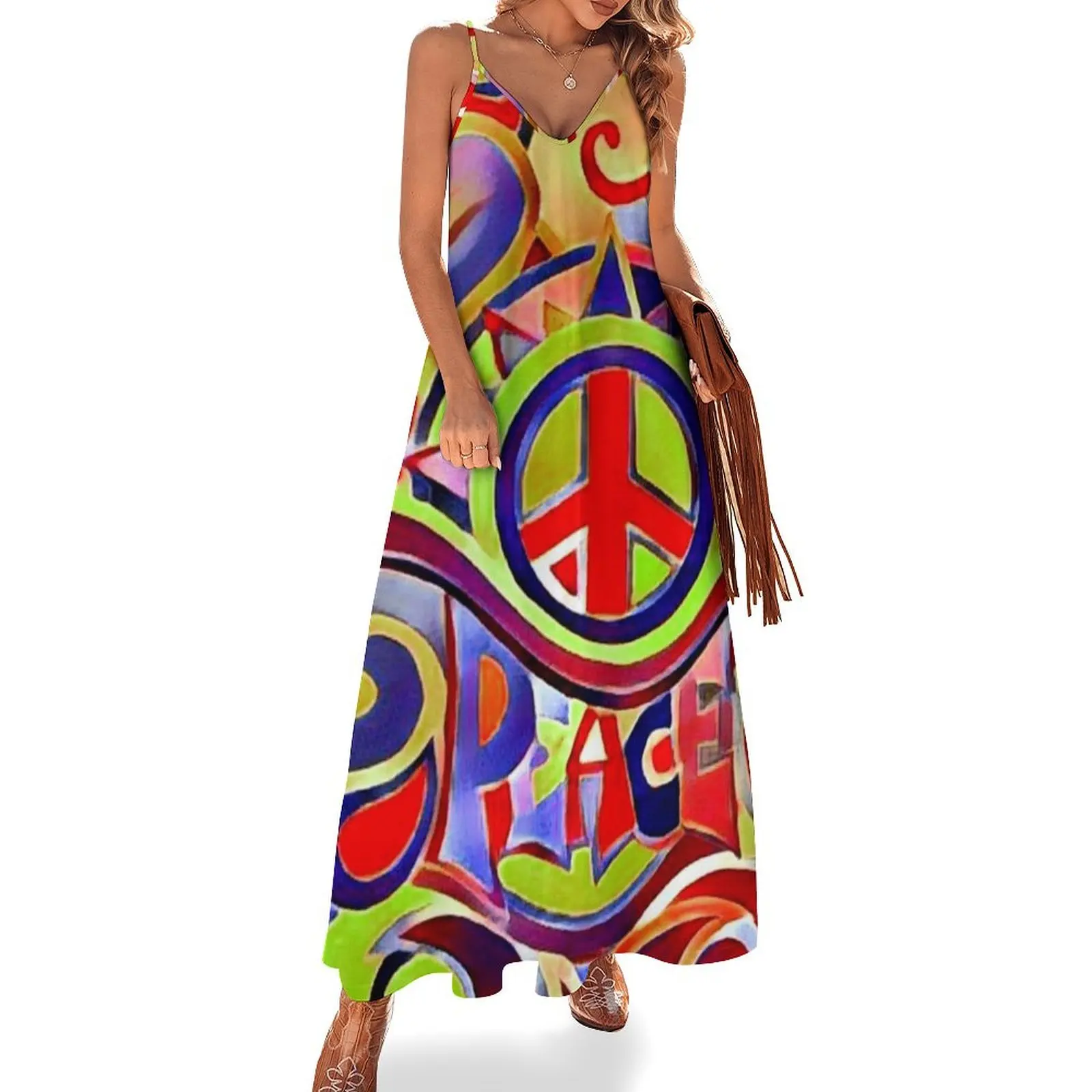 

Hippy Retro Peace Art Sleeveless Dress women's evening dresses 2024 clothing women summer 2024 elegant guest wedding dress