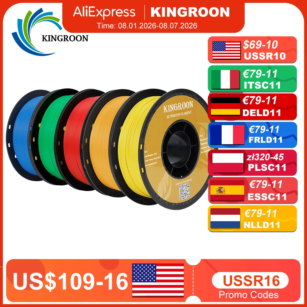 KINGROON 5KG PLA TPU PETG Filament Mix color 1.75mm 3D Printer Plastic No Bubble Spool 3D Printing Materials Wholesales
