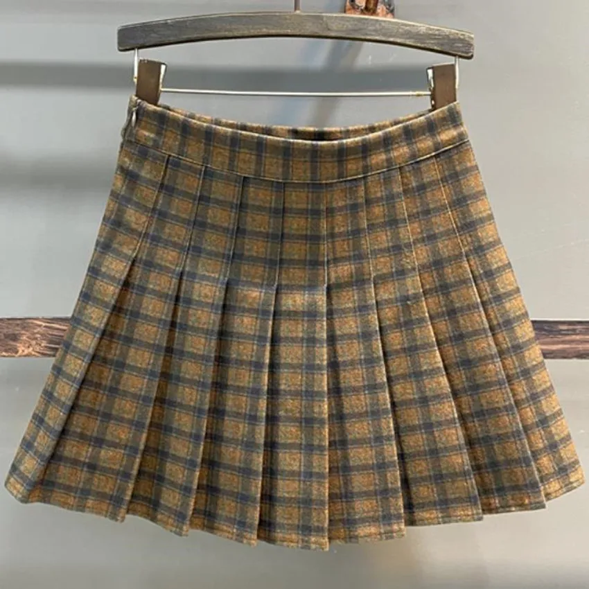 Vintage Plaid Woolen Pleated Mini Skirts Women Autumn Winter High Waist Preppy Style With Safety
