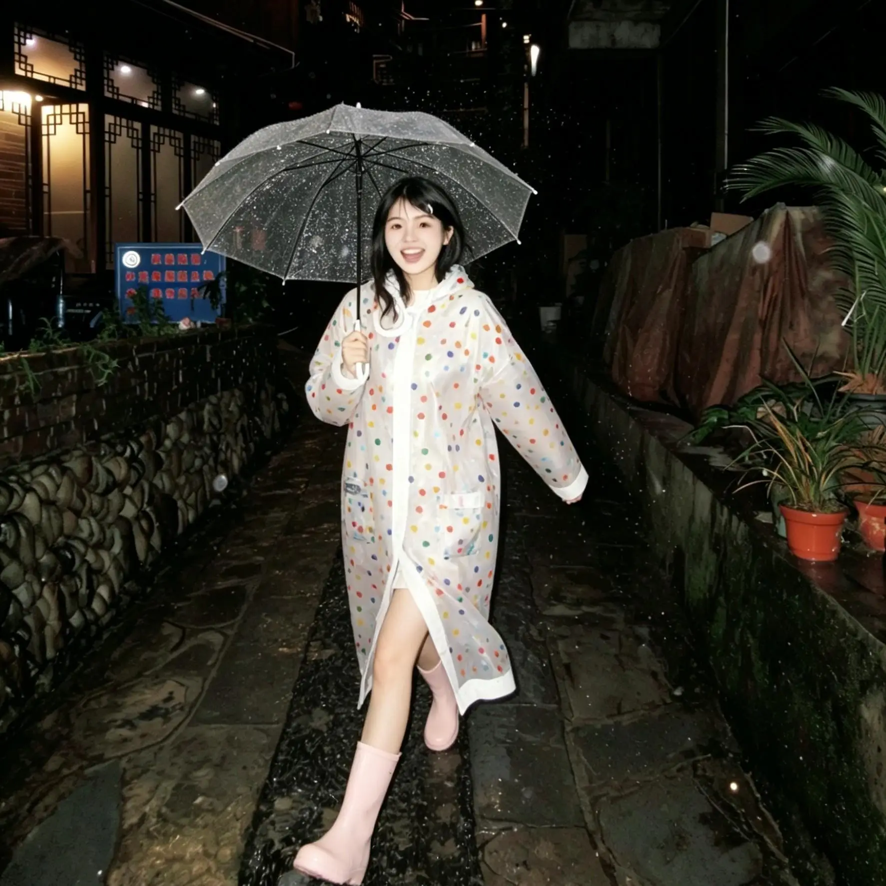 화려한 물방울 무늬 성인용 휴대용 일체형 뮤직 페스티벌 야외용 전신 방수 레인 판초 통근용