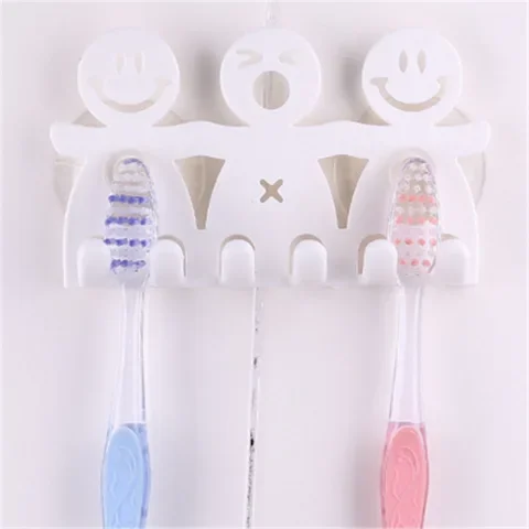 

Cute Smile Design Suction Hooks 5 Position Tooth Brush Holder Bathroom Set White Cartoon Sucker Toothbrush Holder for Home Decor