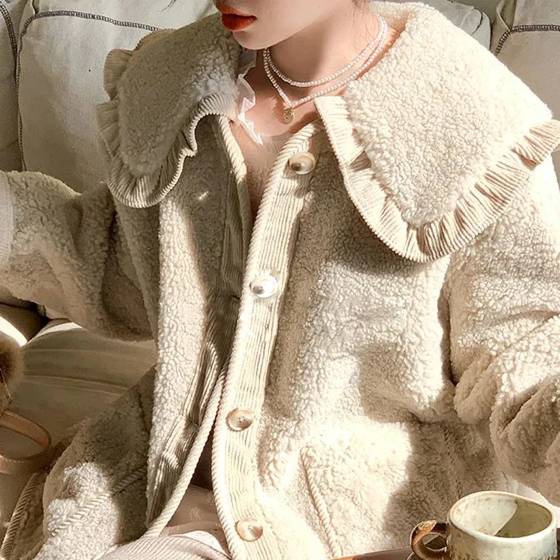 

Autumn 2023 Winter 2xl Sweet Style Lamb Wool Sweater Coats 2023 Women Long Sleeve Knitwear Ruffled Collar Jackets