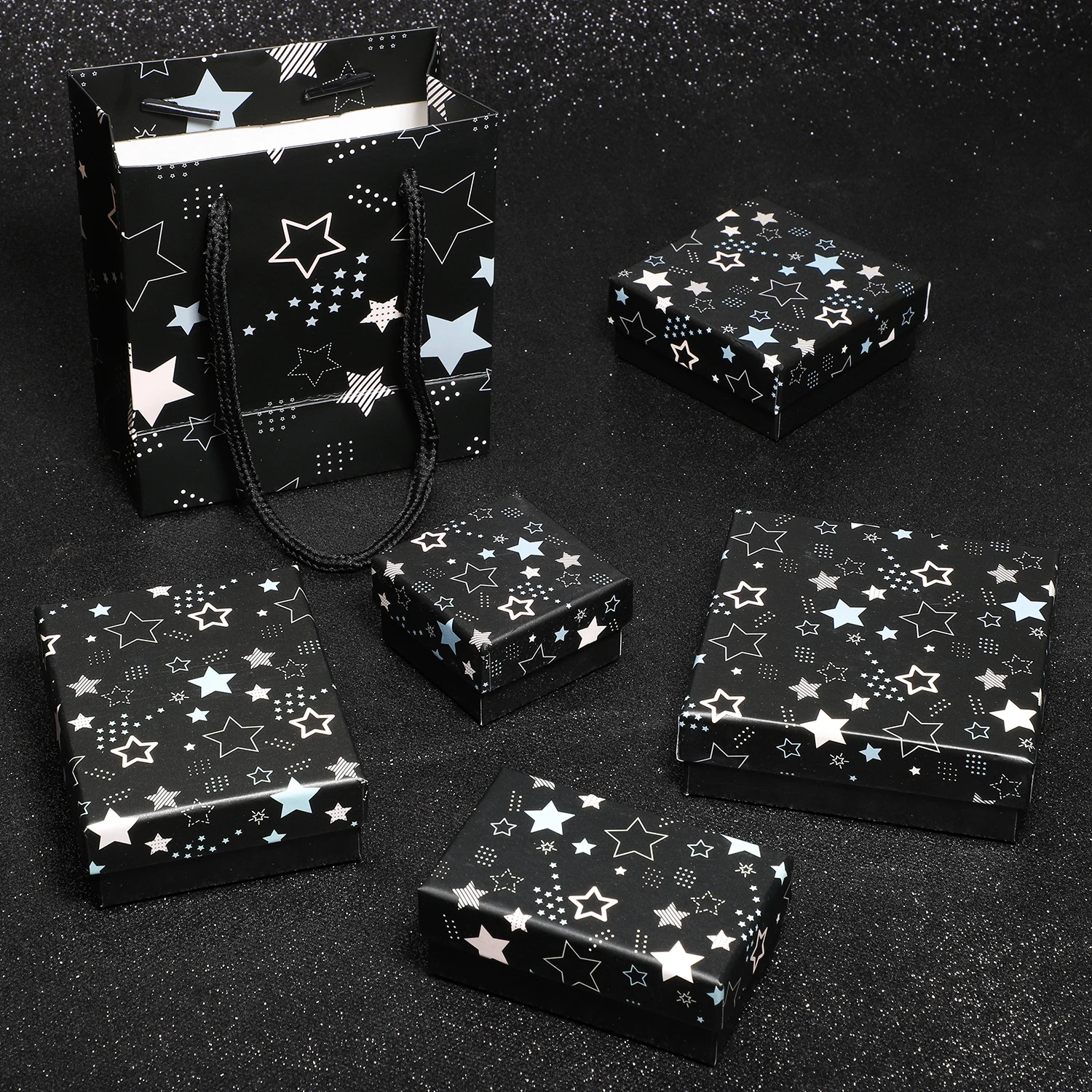Star Pattern Black Paper Jewelry Box with Sponge Pad for Display and Packaging