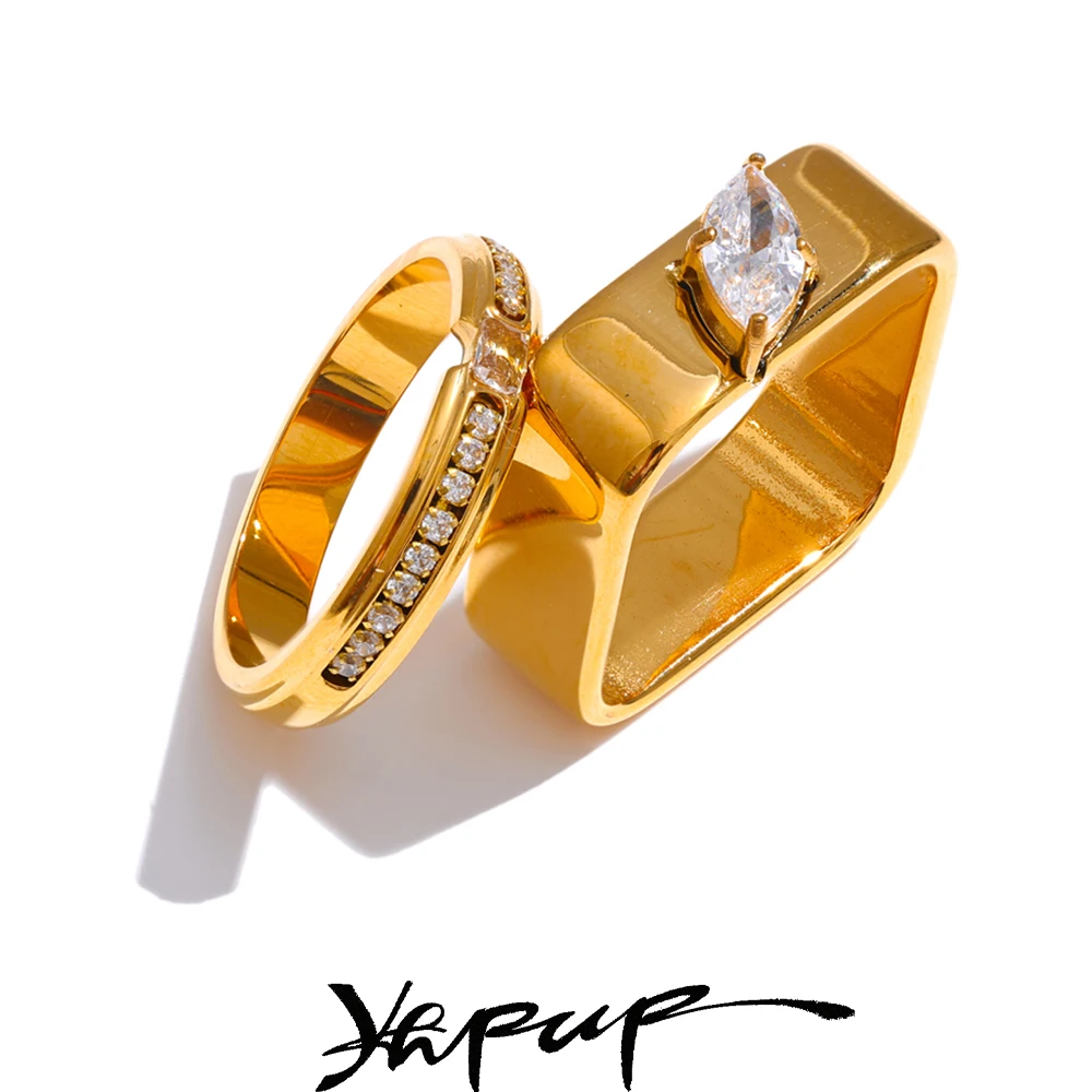 Yhpup Womens Round Square Golden PVD Ring