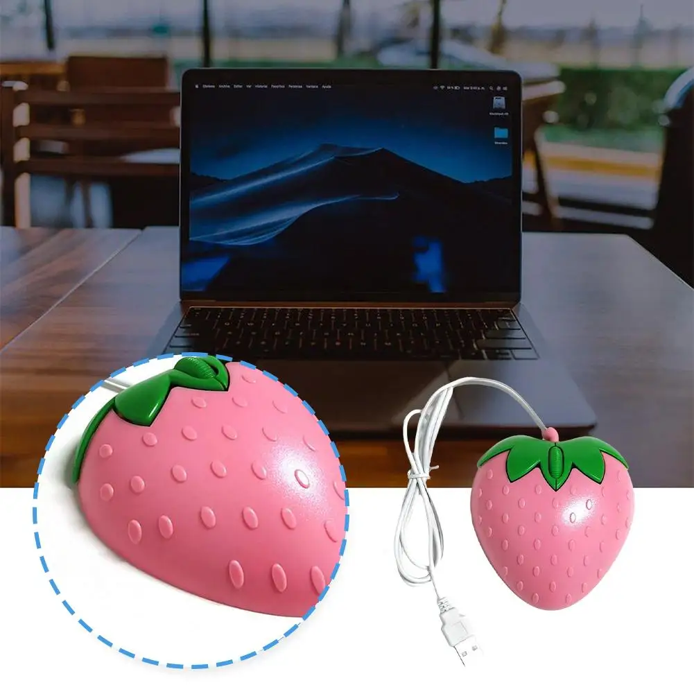 Compact Pink Strawberry Wired Optical Mouse - Cute Gift